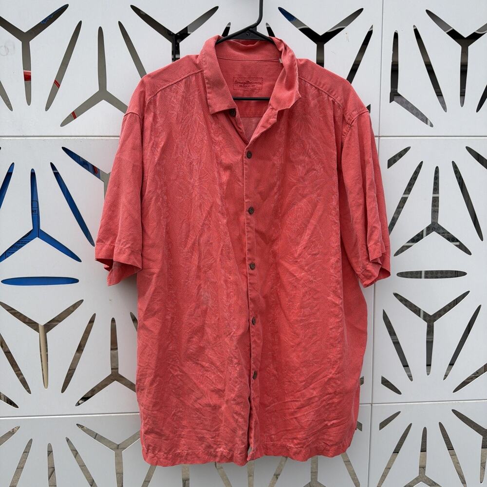 Tommy Bahama‎ 100% Silk Short Sleeve Button Down Shirt Size XL Salmon Hawaiian